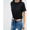 Black Custome Hot Sale recortada con nudo delantera camiseta de mujer